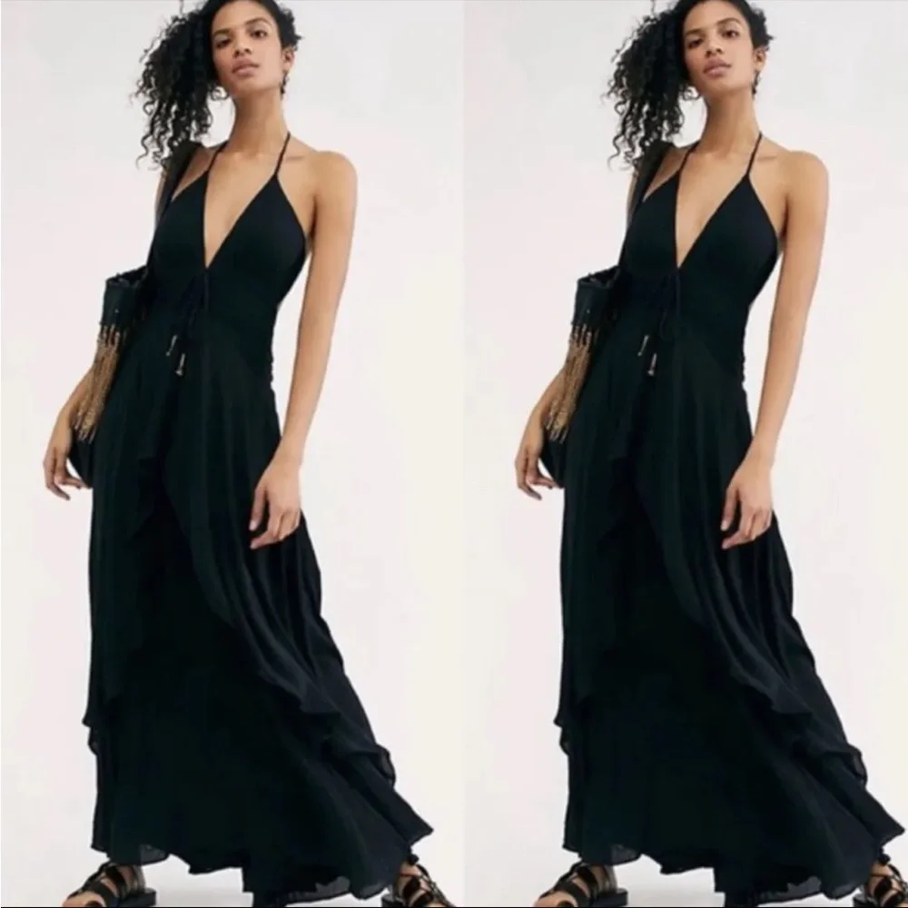 NWOT Free People Parisse Maxi Dress Size XS Black Halter Endless Summer Z406-35